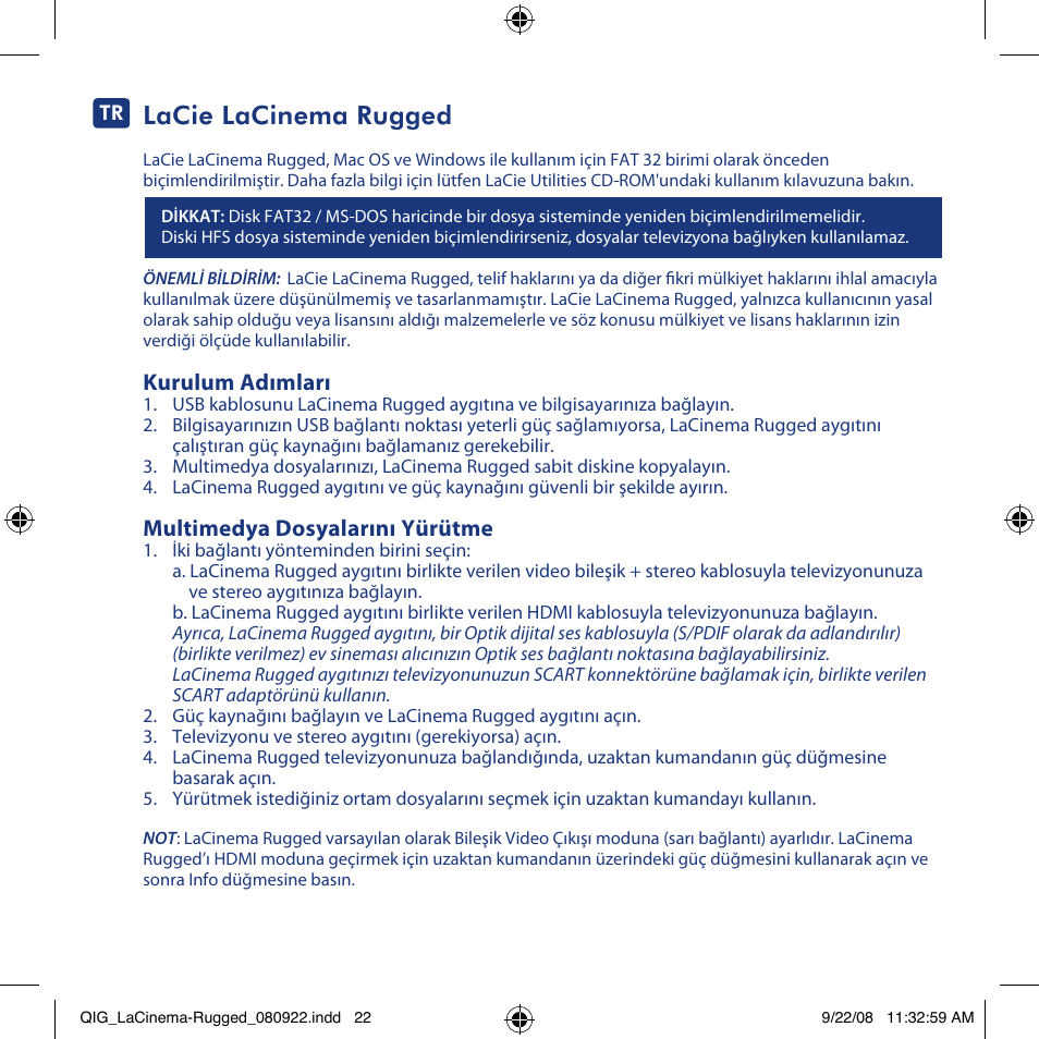 Lacie lacinema rugged, Kurulum adımları, Multimedya dosyalarını yürütme | LaCie LaCinema Rugged User Manual | Page 22 / 24