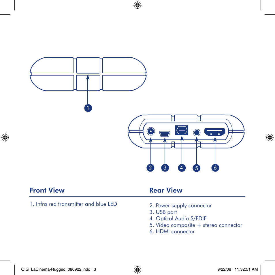 Front view, Rear view | LaCie LaCinema Rugged User Manual | Page 3 / 24