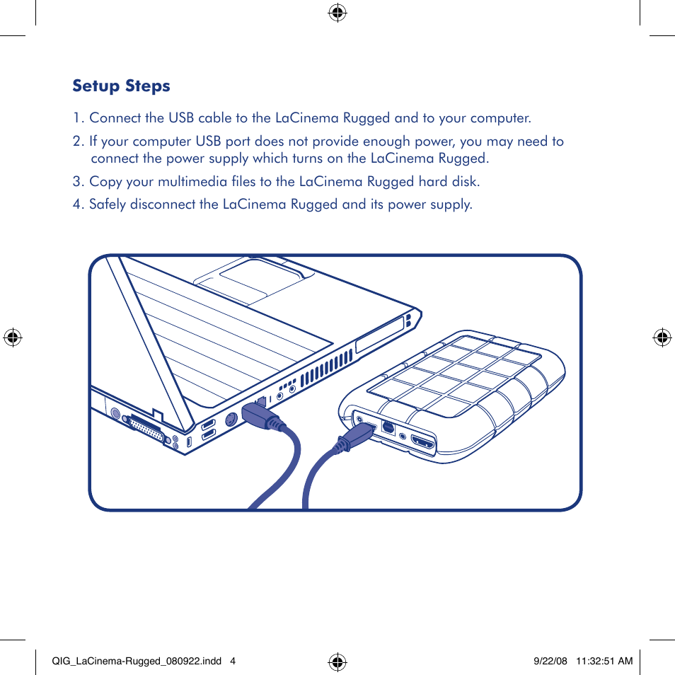 Setup steps | LaCie LaCinema Rugged User Manual | Page 4 / 24