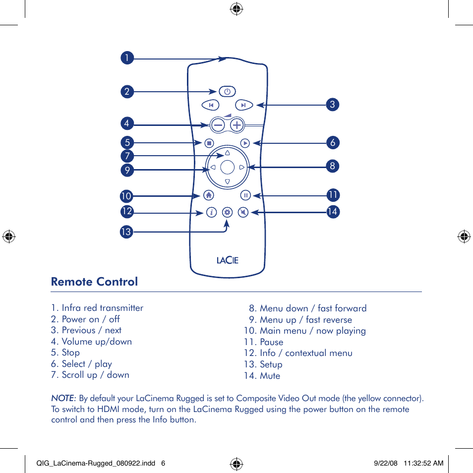 Remote control | LaCie LaCinema Rugged User Manual | Page 6 / 24