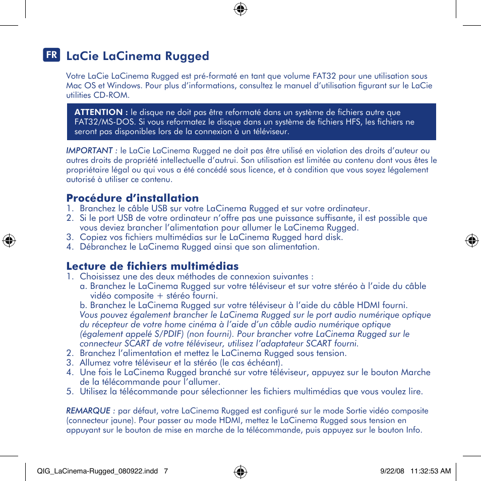 Lacie lacinema rugged, Procédure d’installation, Lecture de fichiers multimédias | LaCie LaCinema Rugged User Manual | Page 7 / 24