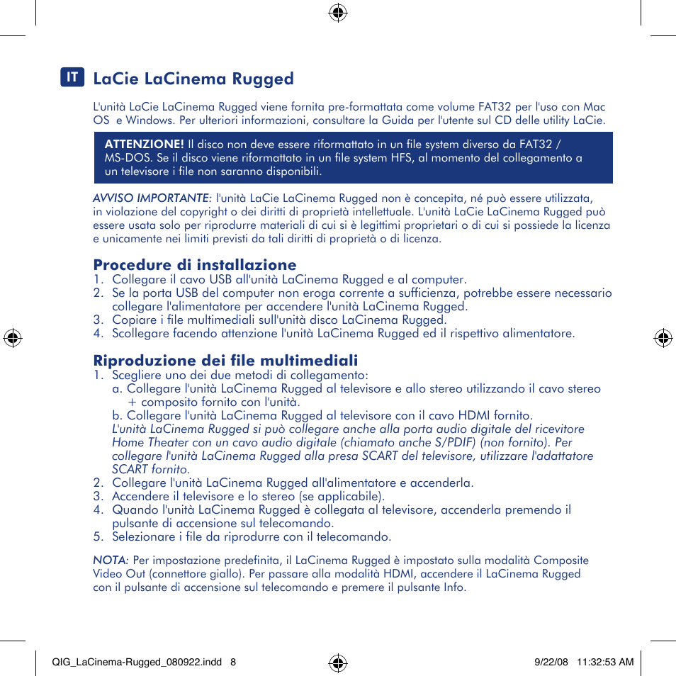 Lacie lacinema rugged, Procedure di installazione, Riproduzione dei file multimediali | LaCie LaCinema Rugged User Manual | Page 8 / 24