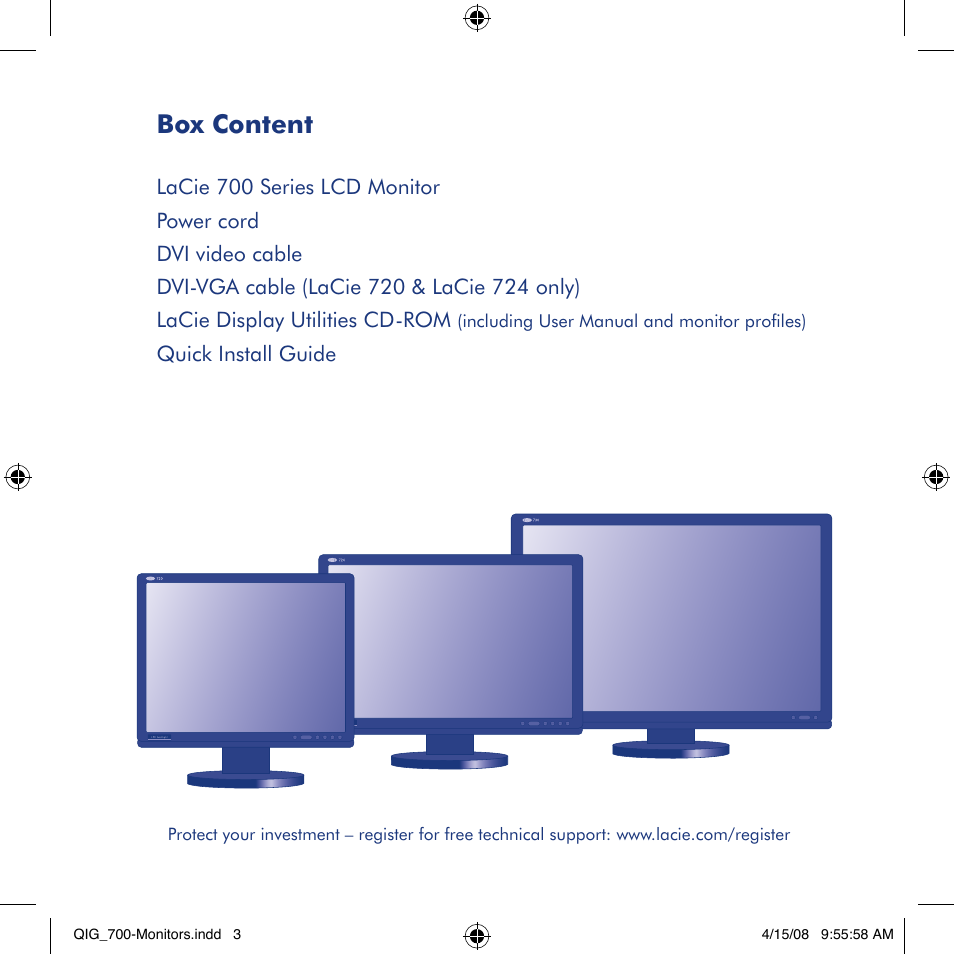 Box content, Quick install guide, Including user manual and monitor profiles) | LaCie 700 User Manual | Page 3 / 16
