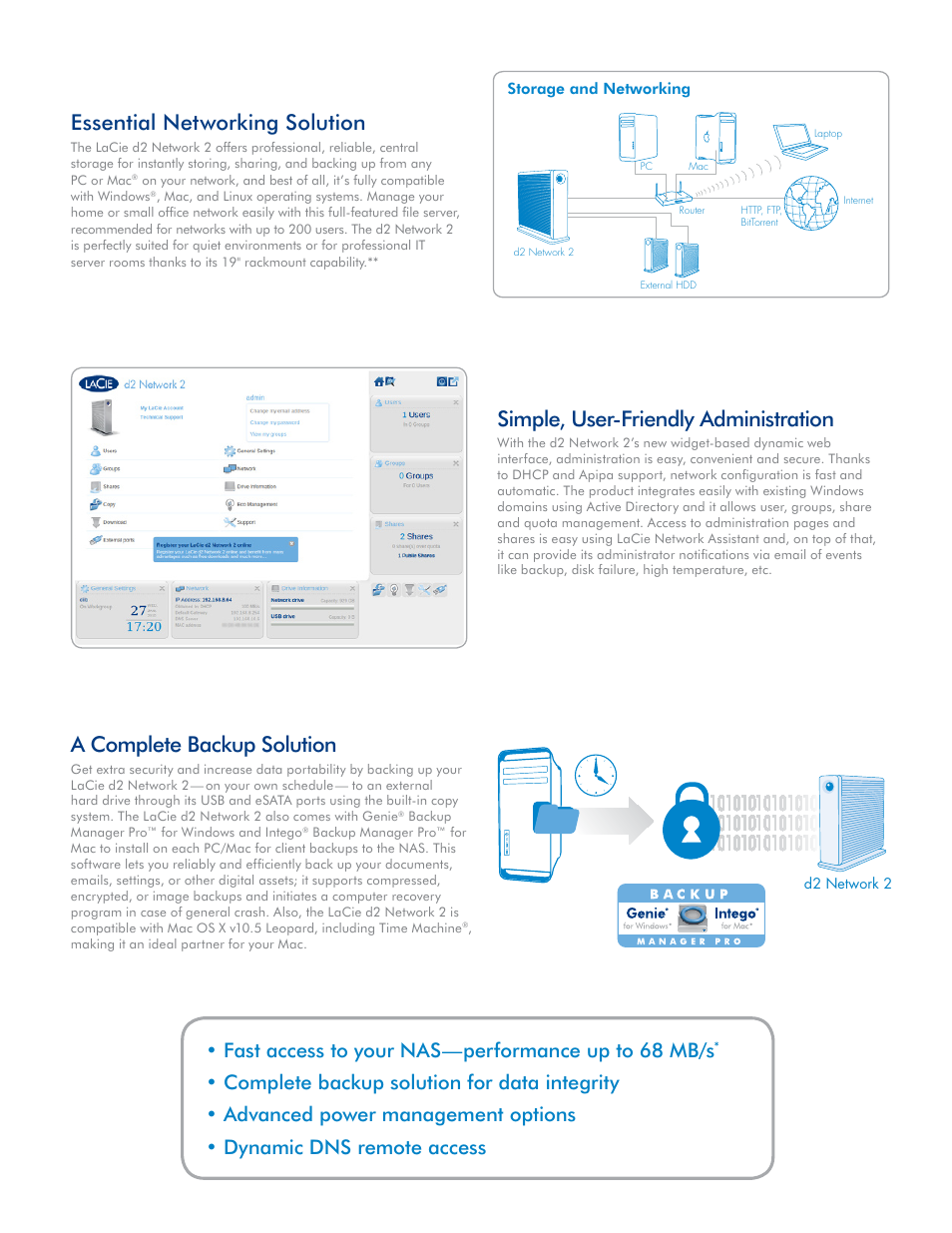 Essential networking solution, Simple, user-friendly administration, A complete backup solution | Fast access to your nas—performance up to 68 mb/s | LaCie d2 network 2 User Manual | Page 2 / 4