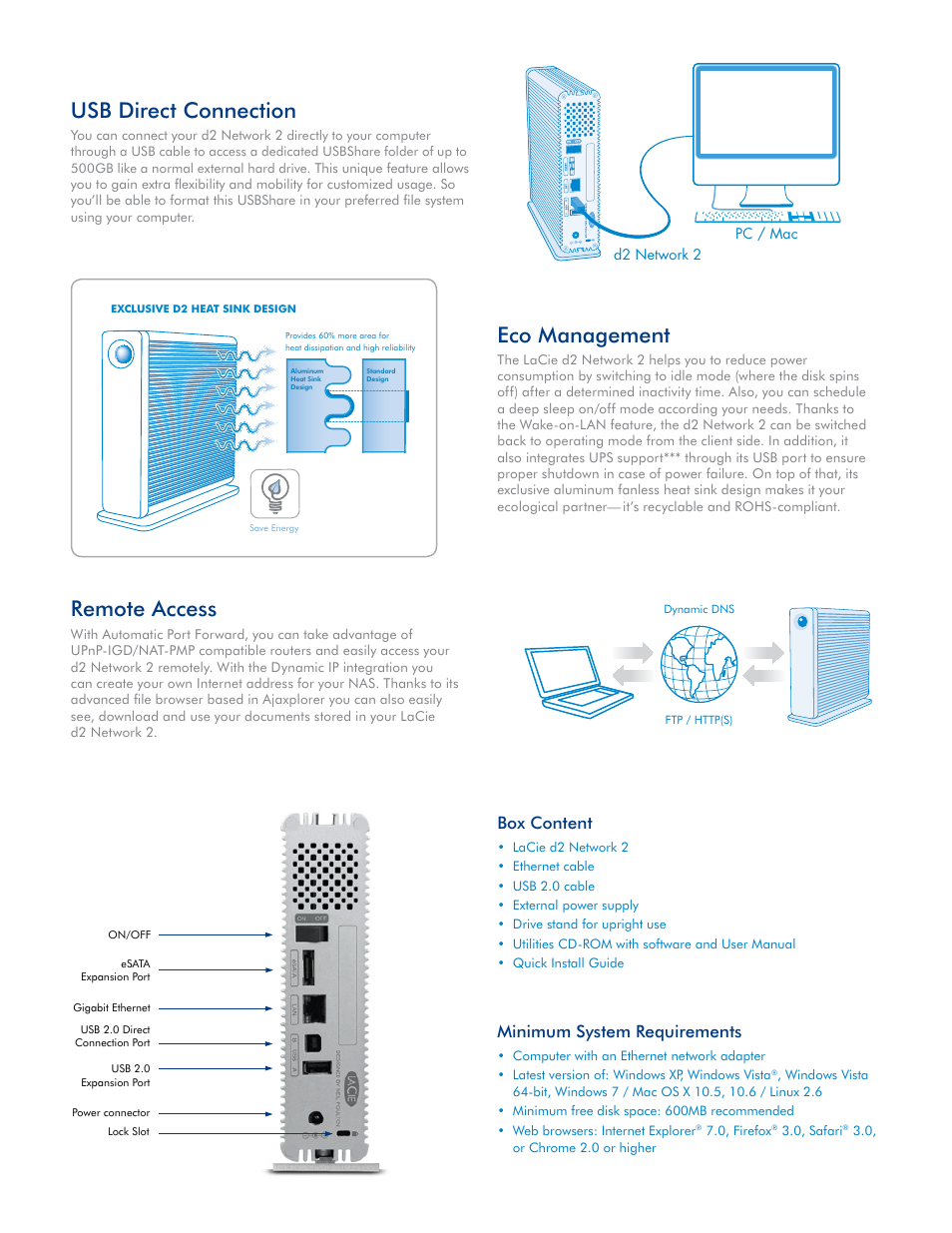 Remote access, Eco management, Usb direct connection | Box content, Minimum system requirements | LaCie d2 network 2 User Manual | Page 3 / 4