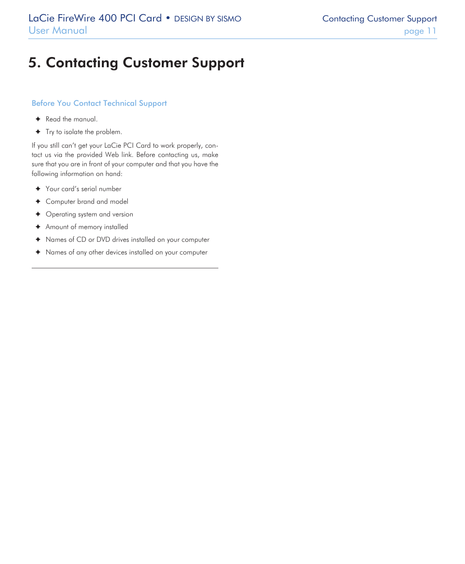 Contacting customer support, Contacting customer support 5, Lacie firewire 400 pci card | User manual | LaCie FIREWIRE 400 User Manual | Page 11 / 13