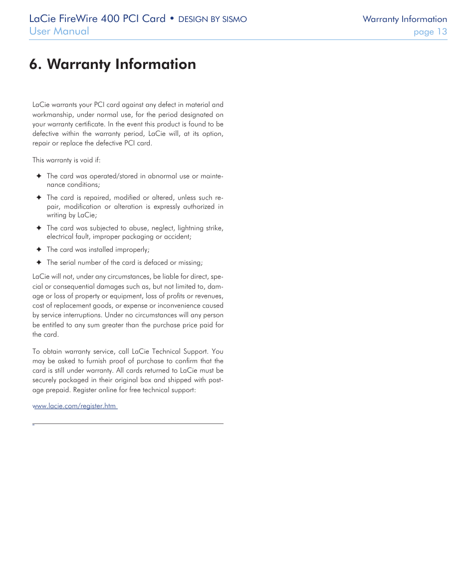 Warranty information, Warranty information 6, Lacie firewire 400 pci card | User manual | LaCie FIREWIRE 400 User Manual | Page 13 / 13