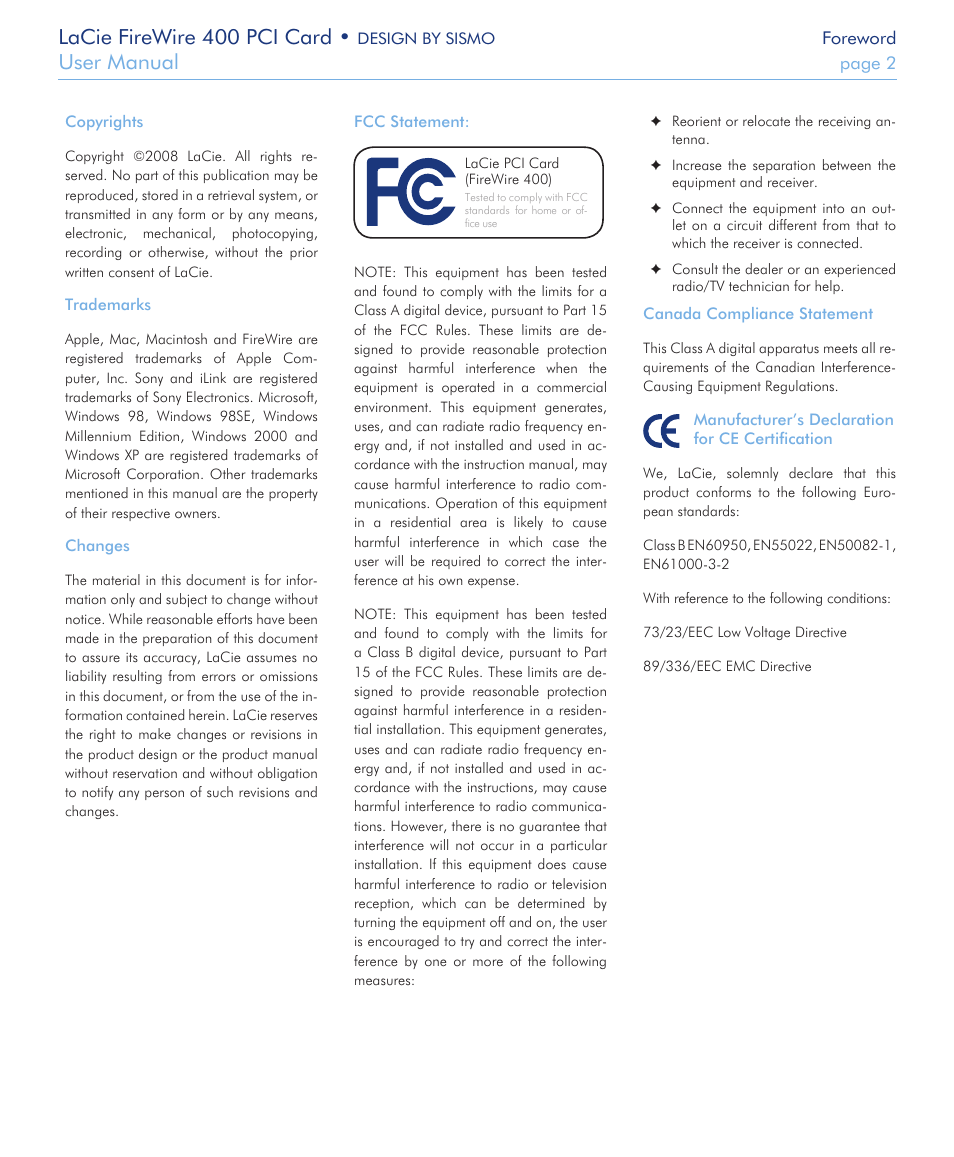 Lacie firewire 400 pci card, User manual | LaCie FIREWIRE 400 User Manual | Page 2 / 13