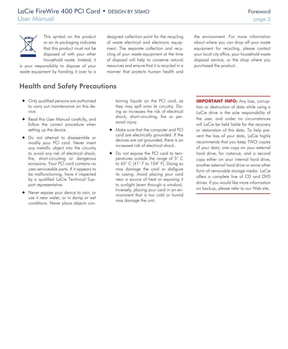 Health and safety precautions, Lacie firewire 400 pci card, User manual | LaCie FIREWIRE 400 User Manual | Page 3 / 13