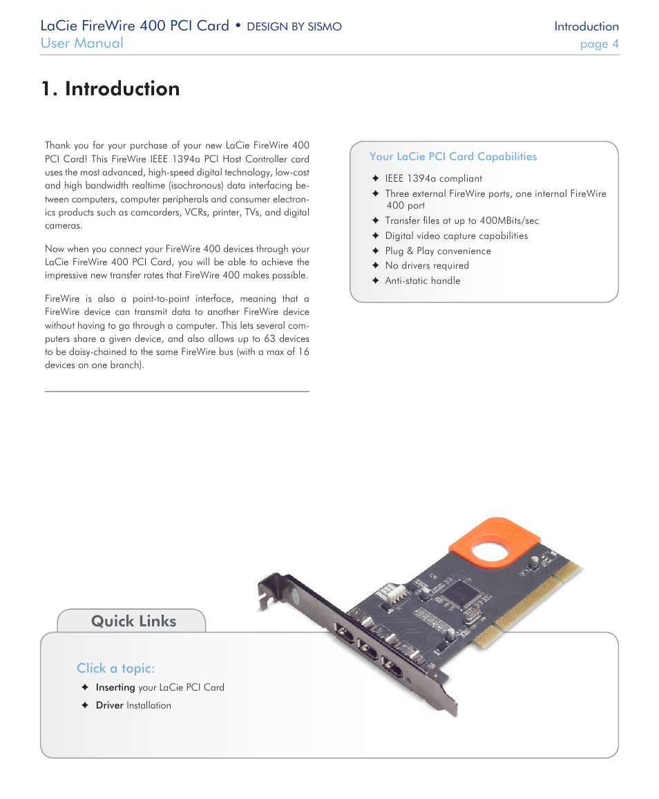 Introduction, Introduction 1, Quick links | Lacie firewire 400 pci card, User manual, Click a topic | LaCie FIREWIRE 400 User Manual | Page 4 / 13