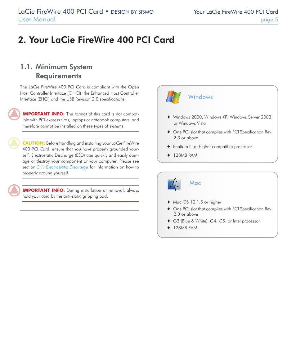 Your lacie firewire 400 pci card, Minimum system requirements, Your lacie firewire 400 pci card 2 | Minimum system 1.1. requirements, Lacie firewire 400 pci card, User manual | LaCie FIREWIRE 400 User Manual | Page 5 / 13