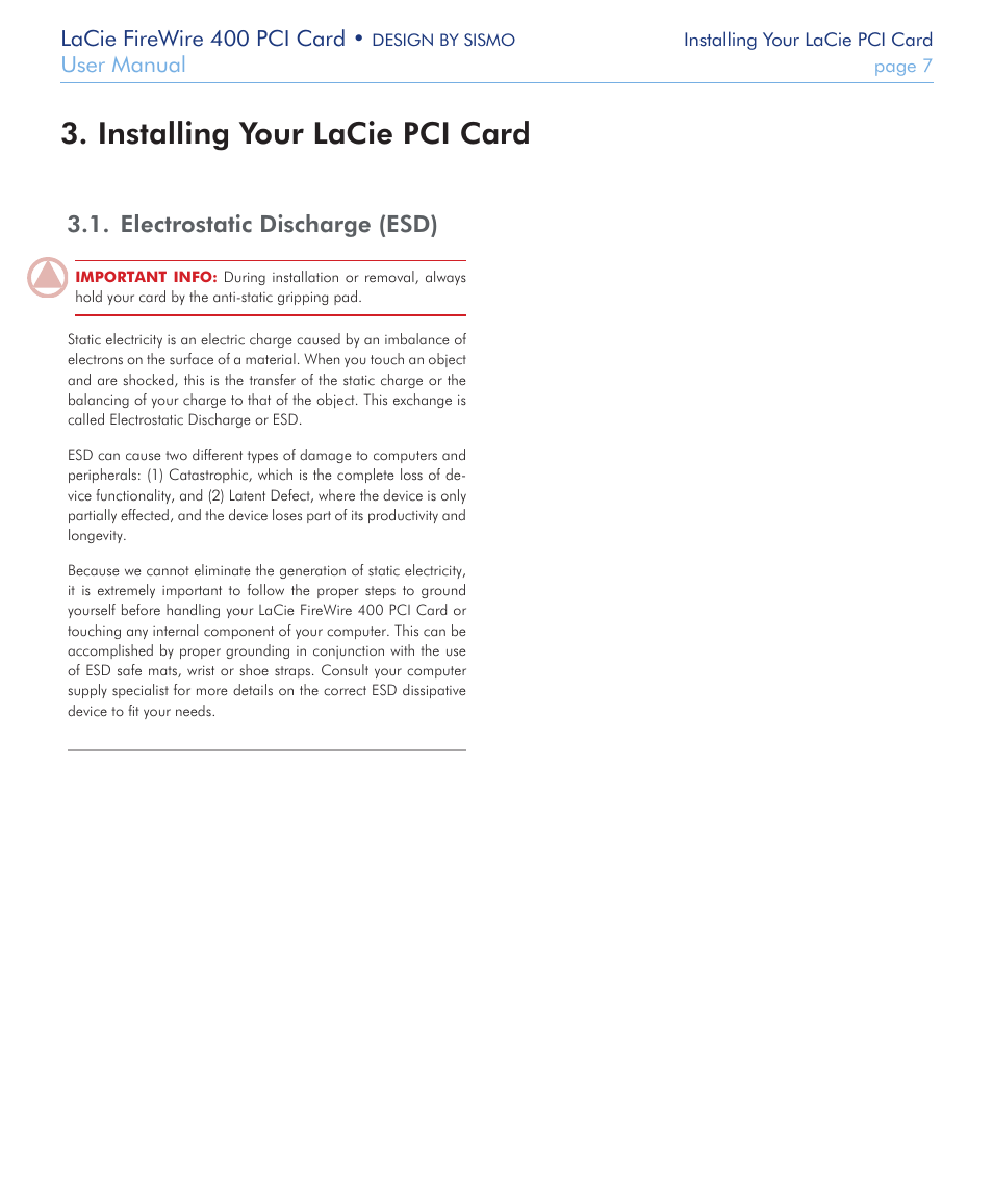 Installing your lacie pci card, Electrostatic discharge (esd), Inserting | Your lacie pci card | LaCie FIREWIRE 400 User Manual | Page 7 / 13