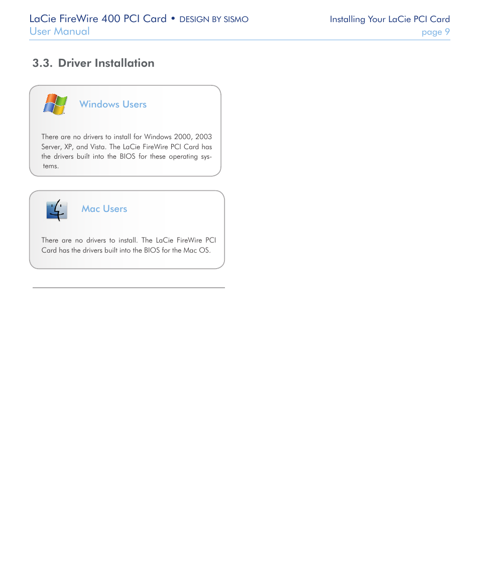 Driver installation, Driver, Installation | LaCie FIREWIRE 400 User Manual | Page 9 / 13