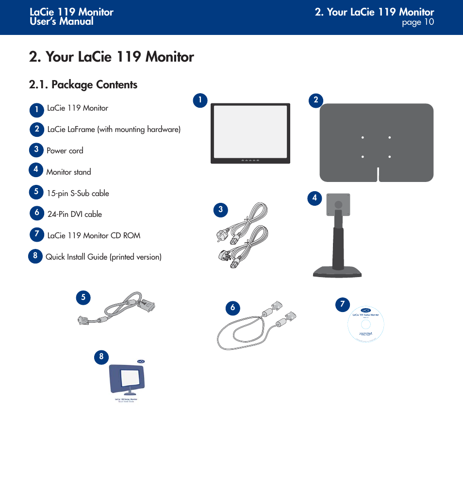 Your lacie 119 monitor, Package contents, Lacie 119 monitor user’s manual | LaCie 119 User Manual | Page 10 / 22