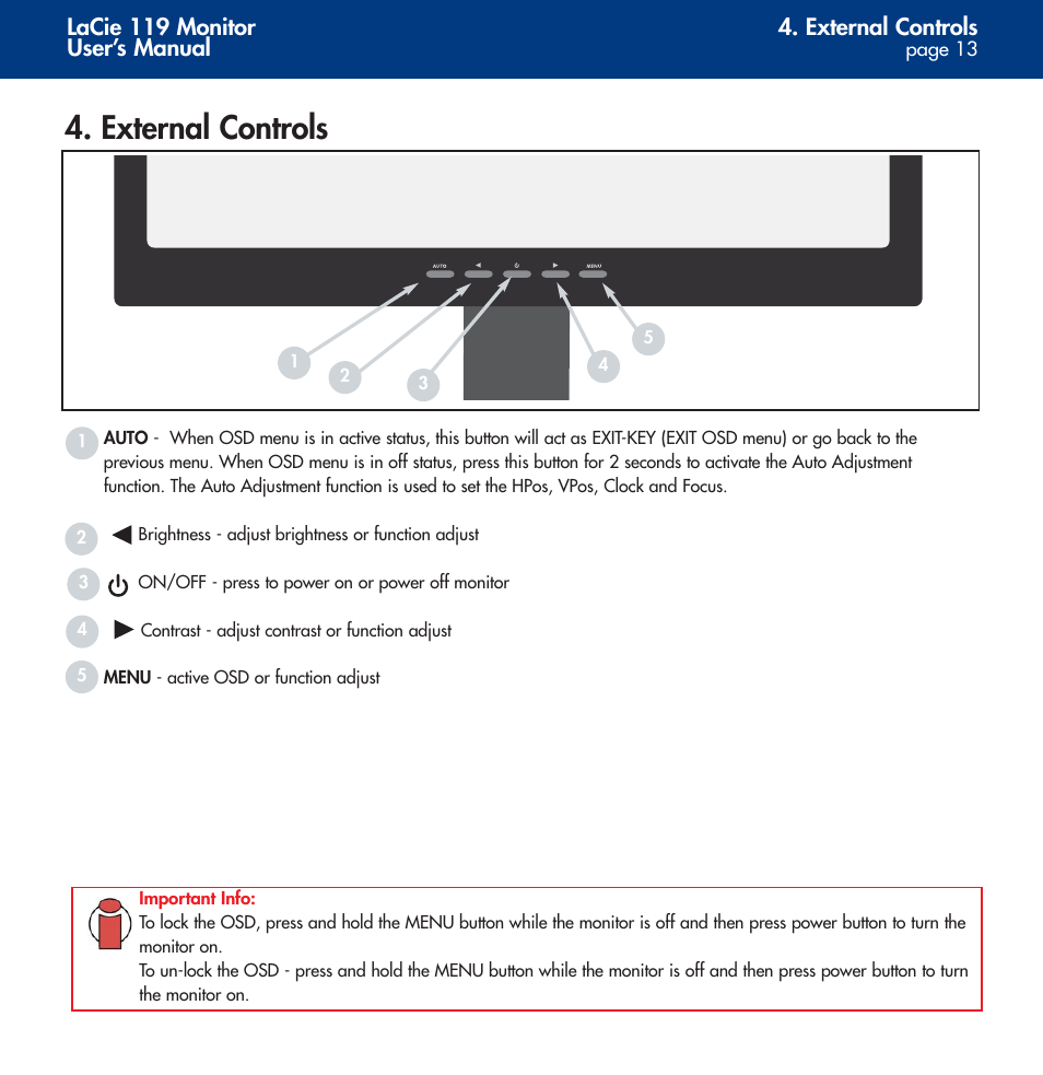 External controls | LaCie 119 User Manual | Page 13 / 22