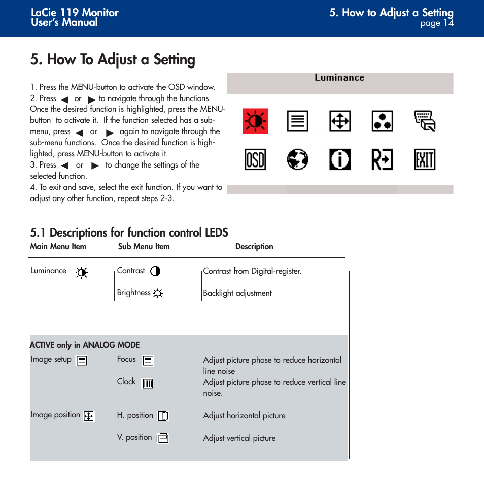 How to adjust a setting, Descriptions for function control leds, 1 descriptions for function control leds | LaCie 119 User Manual | Page 14 / 22