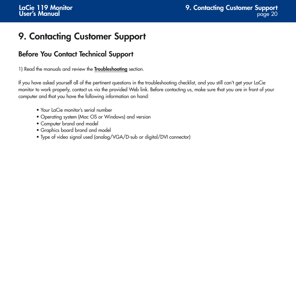 Contacting customer support | LaCie 119 User Manual | Page 20 / 22