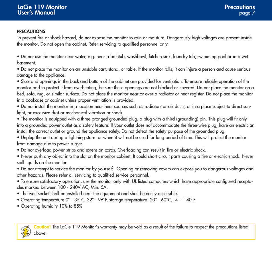 Precautions | LaCie 119 User Manual | Page 7 / 22
