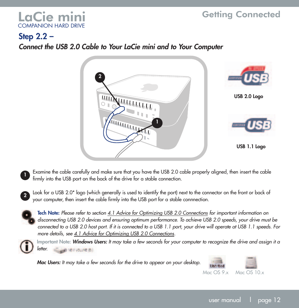 Lacie mini, Getting connected, Step 2.2 | LaCie MINI COMPANION HARD DRIVE U S B 2. 0 User Manual | Page 12 / 30