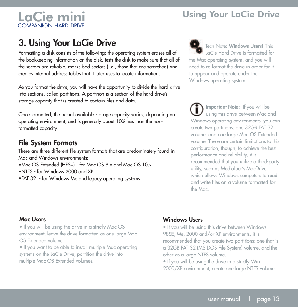 Lacie mini, Using your lacie drive | LaCie MINI COMPANION HARD DRIVE U S B 2. 0 User Manual | Page 13 / 30