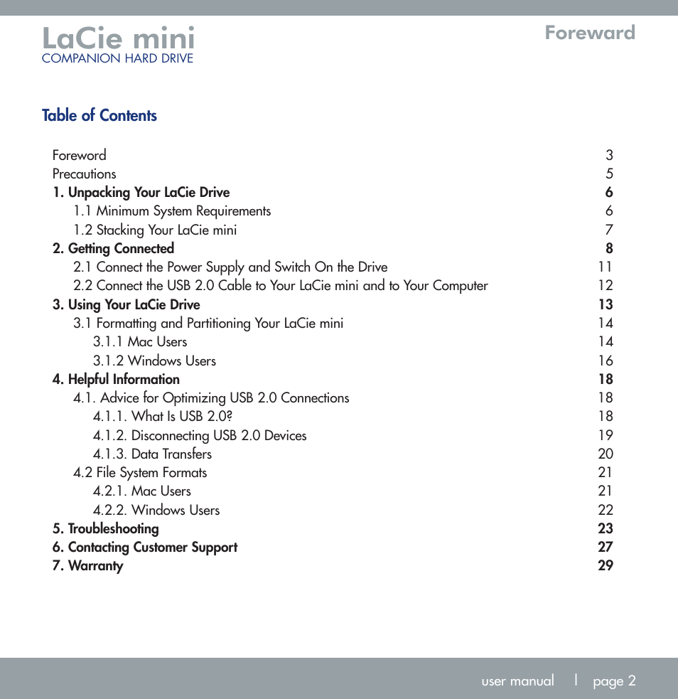 Lacie mini, Foreward | LaCie MINI COMPANION HARD DRIVE U S B 2. 0 User Manual | Page 2 / 30
