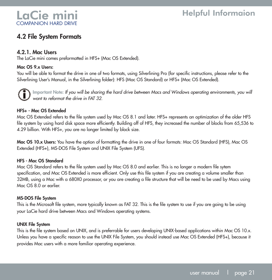 Lacie mini, Helpful informaion | LaCie MINI COMPANION HARD DRIVE U S B 2. 0 User Manual | Page 21 / 30