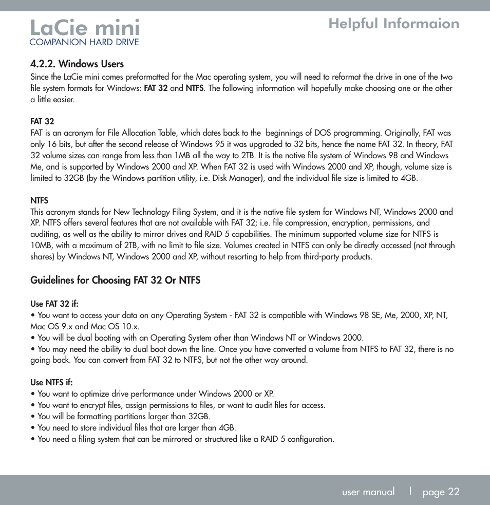 Lacie mini, Helpful informaion | LaCie MINI COMPANION HARD DRIVE U S B 2. 0 User Manual | Page 22 / 30