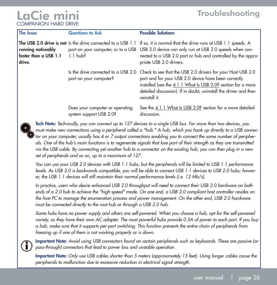 Lacie mini, Troubleshooting | LaCie MINI COMPANION HARD DRIVE U S B 2. 0 User Manual | Page 26 / 30