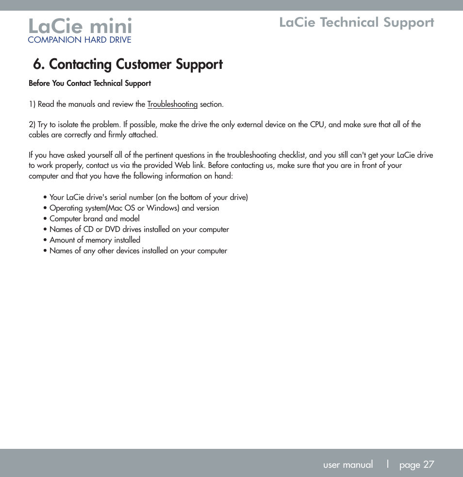 Lacie mini, Contacting customer support, Lacie technical support | LaCie MINI COMPANION HARD DRIVE U S B 2. 0 User Manual | Page 27 / 30