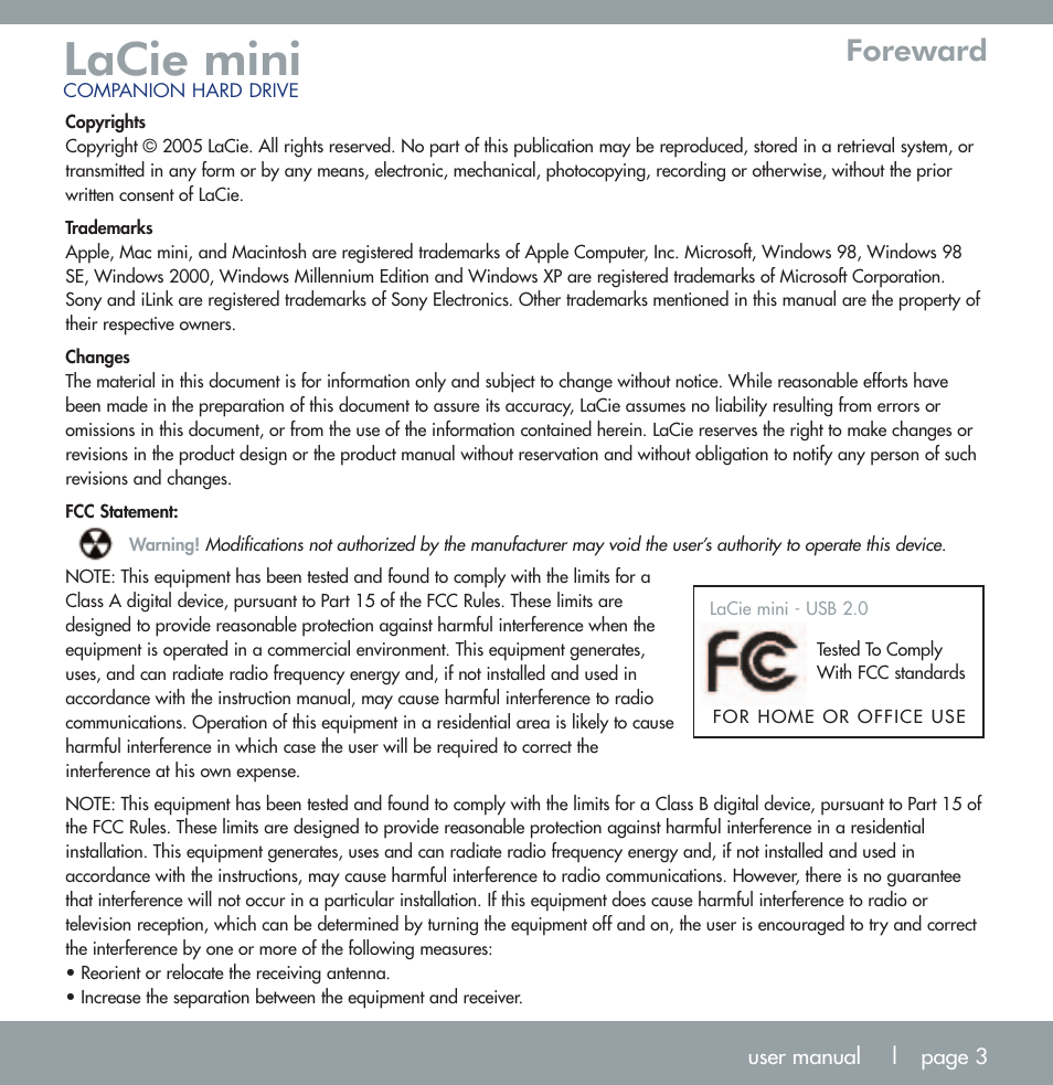 Lacie mini, Foreward | LaCie MINI COMPANION HARD DRIVE U S B 2. 0 User Manual | Page 3 / 30