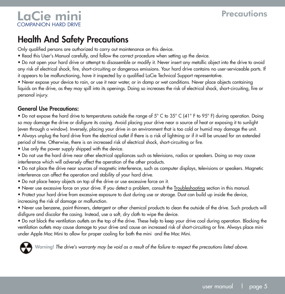 Lacie mini, Health and safety precautions, Precautions | LaCie MINI COMPANION HARD DRIVE U S B 2. 0 User Manual | Page 5 / 30