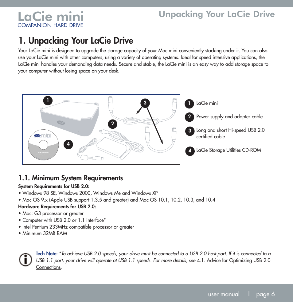 Lacie mini, Unpacking your lacie drive, Minimum system requirements | LaCie MINI COMPANION HARD DRIVE U S B 2. 0 User Manual | Page 6 / 30