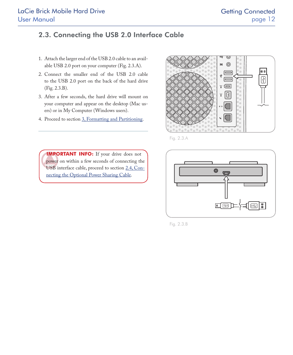 Connecting the usb 2.0 interface cable | LaCie Drive User Manual | Page 12 / 28