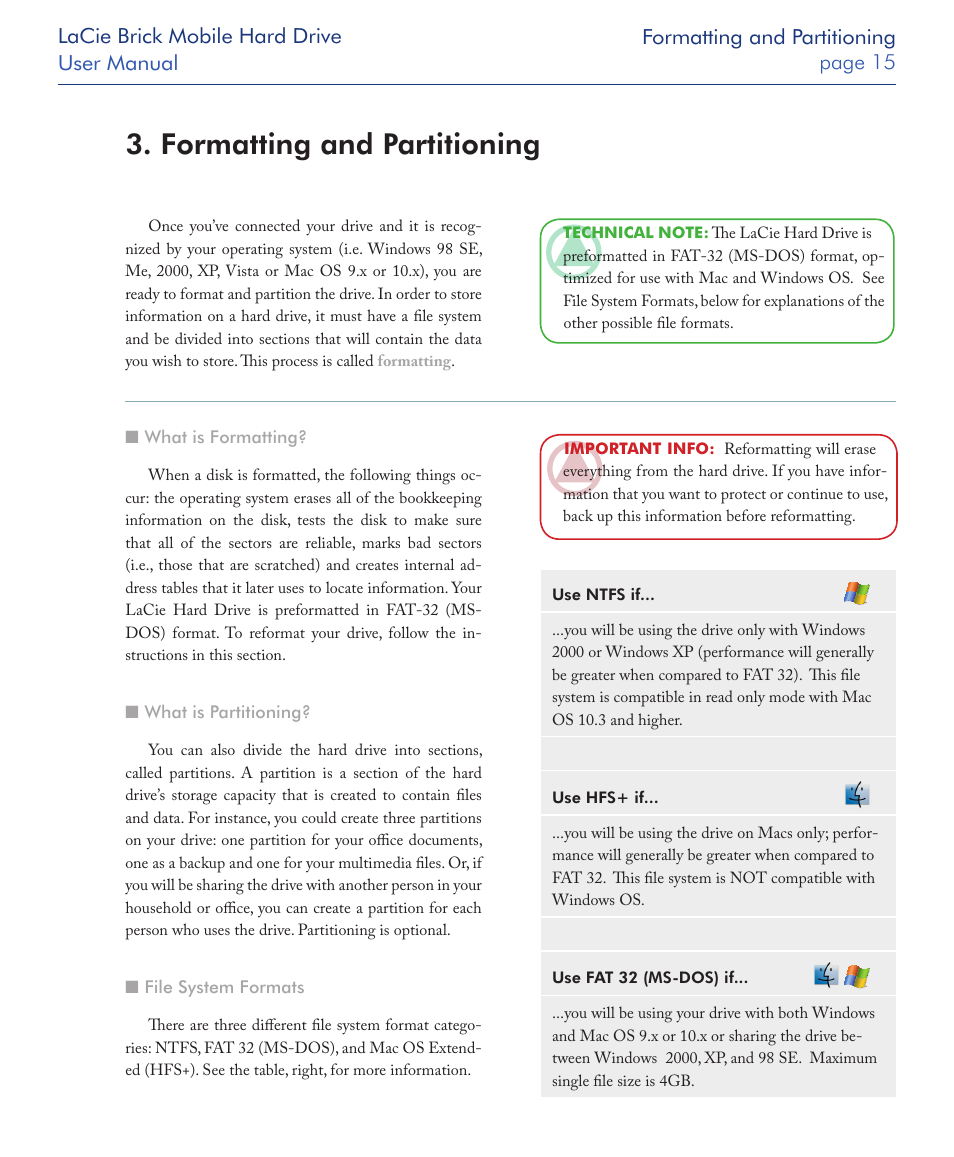 Formatting and partitioning | LaCie Drive User Manual | Page 15 / 28