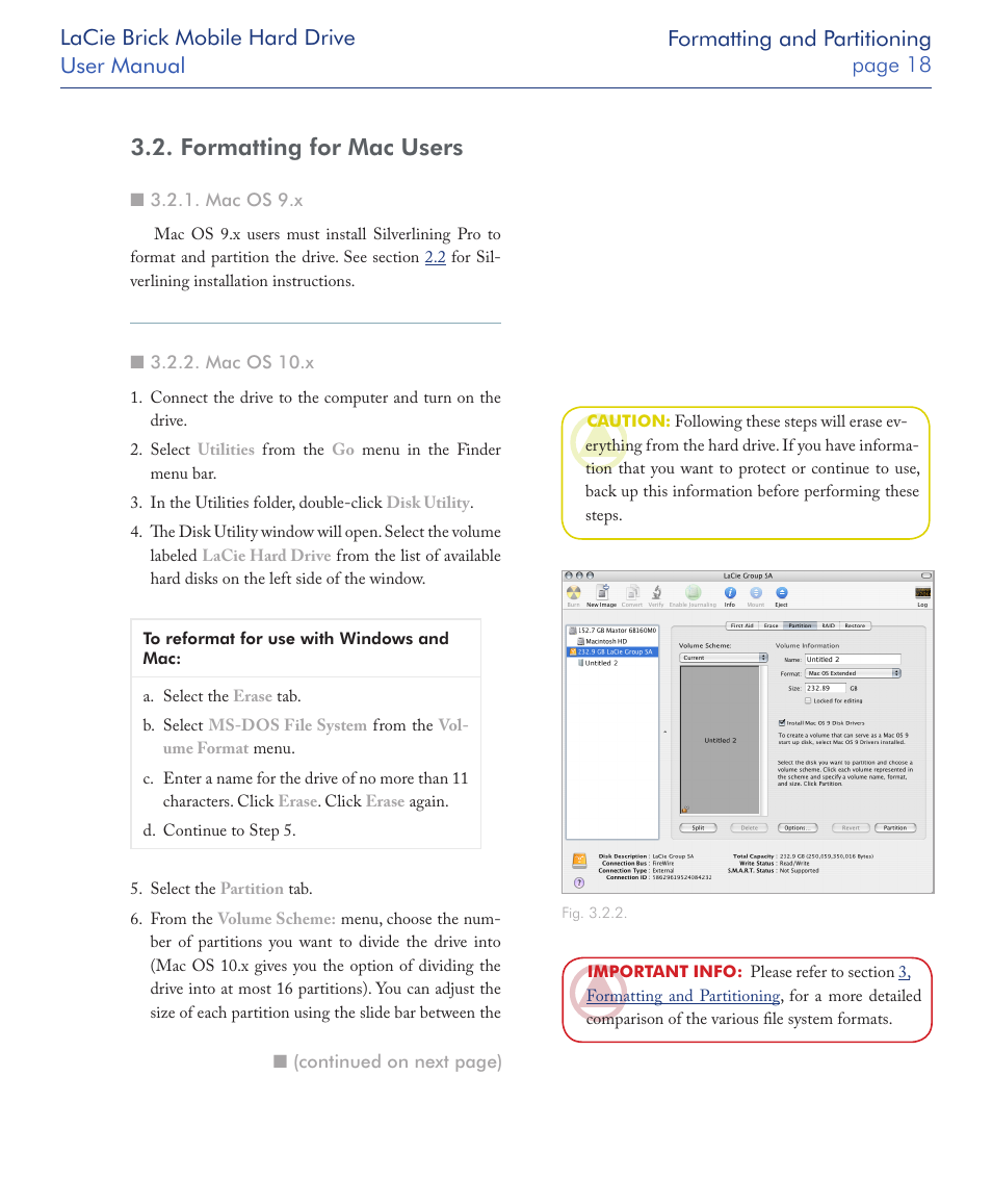 Formatting for mac users, Mac os 9.x, Mac os 10.x | LaCie Drive User Manual | Page 18 / 28