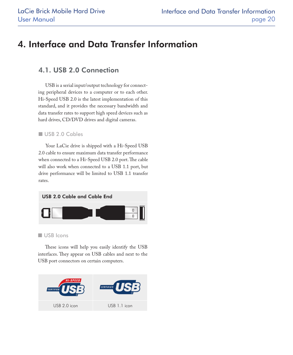 Interface and data transfer information, Usb 2.0 connection | LaCie Drive User Manual | Page 20 / 28