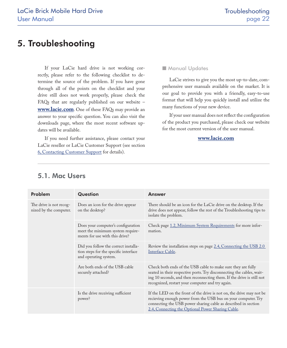Troubleshooting, Mac users | LaCie Drive User Manual | Page 22 / 28