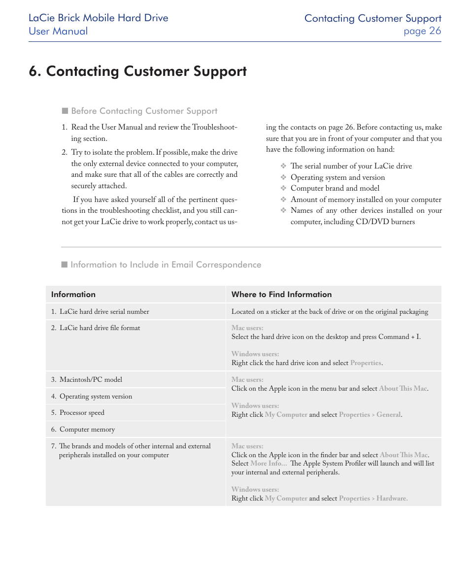 Contacting customer support | LaCie Drive User Manual | Page 26 / 28