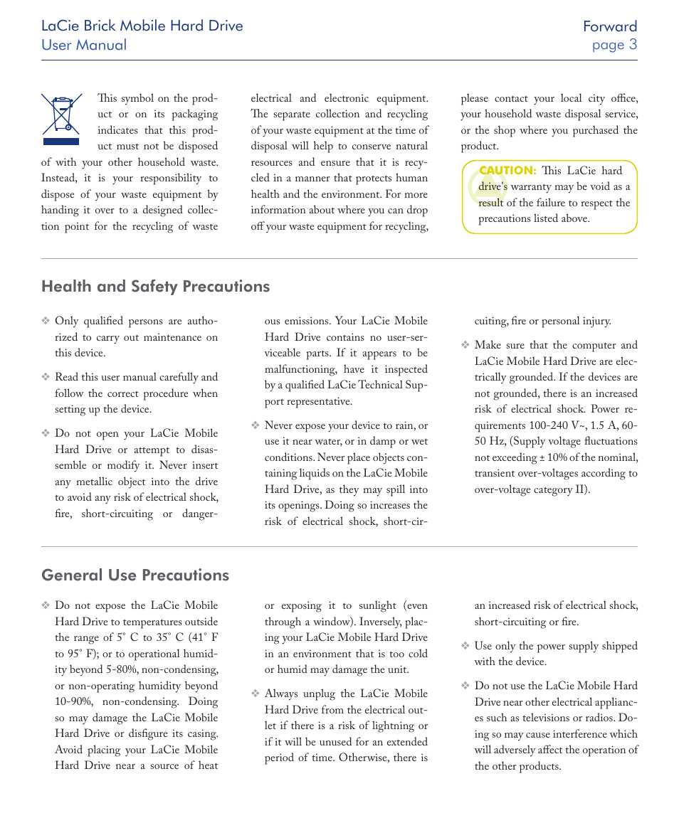 Health and safety precautions, General use precautions | LaCie Drive User Manual | Page 3 / 28