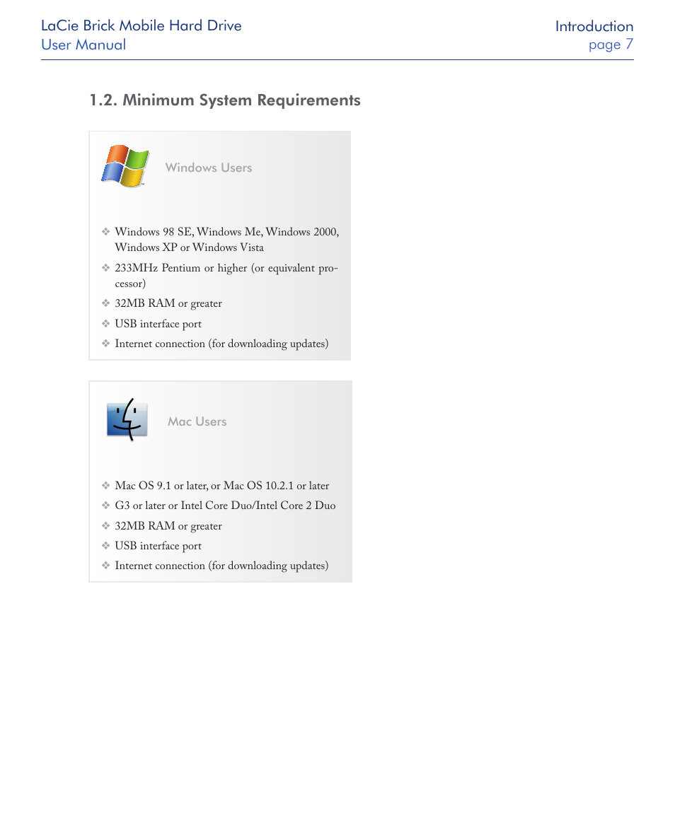 Minimum system requirements | LaCie Drive User Manual | Page 7 / 28