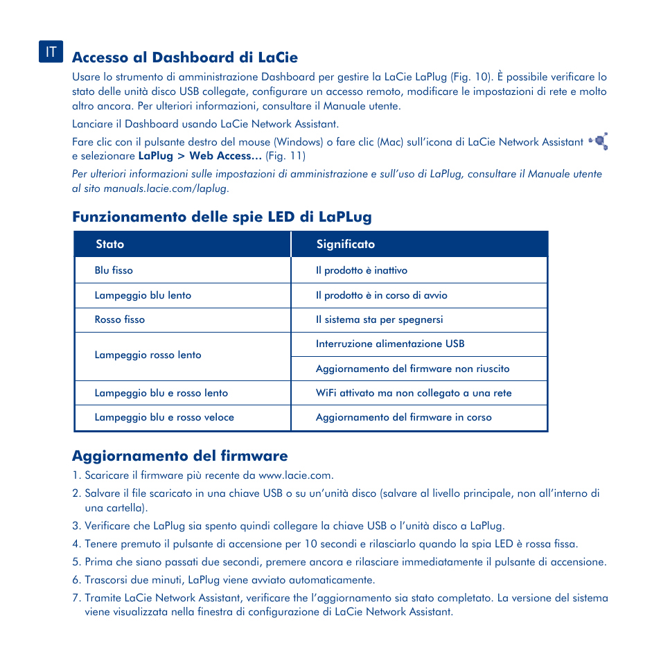 Installazione, Accesso ai dispositivi usb, Accesso al dashboard di lacie | Funzionamento delle spie led di laplug, Aggiornamento del firmware | LaCie LaPlug User Manual | Page 15 / 43
