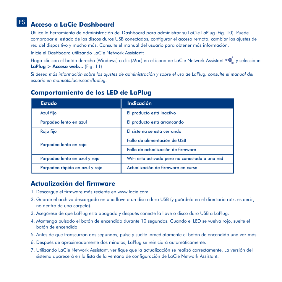 Instalación, Acceso a los dispositivos usb, Acceso a lacie dashboard | Comportamiento de los led de laplug, Actualización del firmware | LaCie LaPlug User Manual | Page 19 / 43