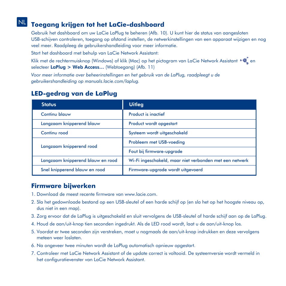 Installatie, Toegang krijgen tot usb-apparaten, Toegang krijgen tot het lacie-dashboard | Led-gedrag van de laplug, Firmware bijwerken | LaCie LaPlug User Manual | Page 21 / 43