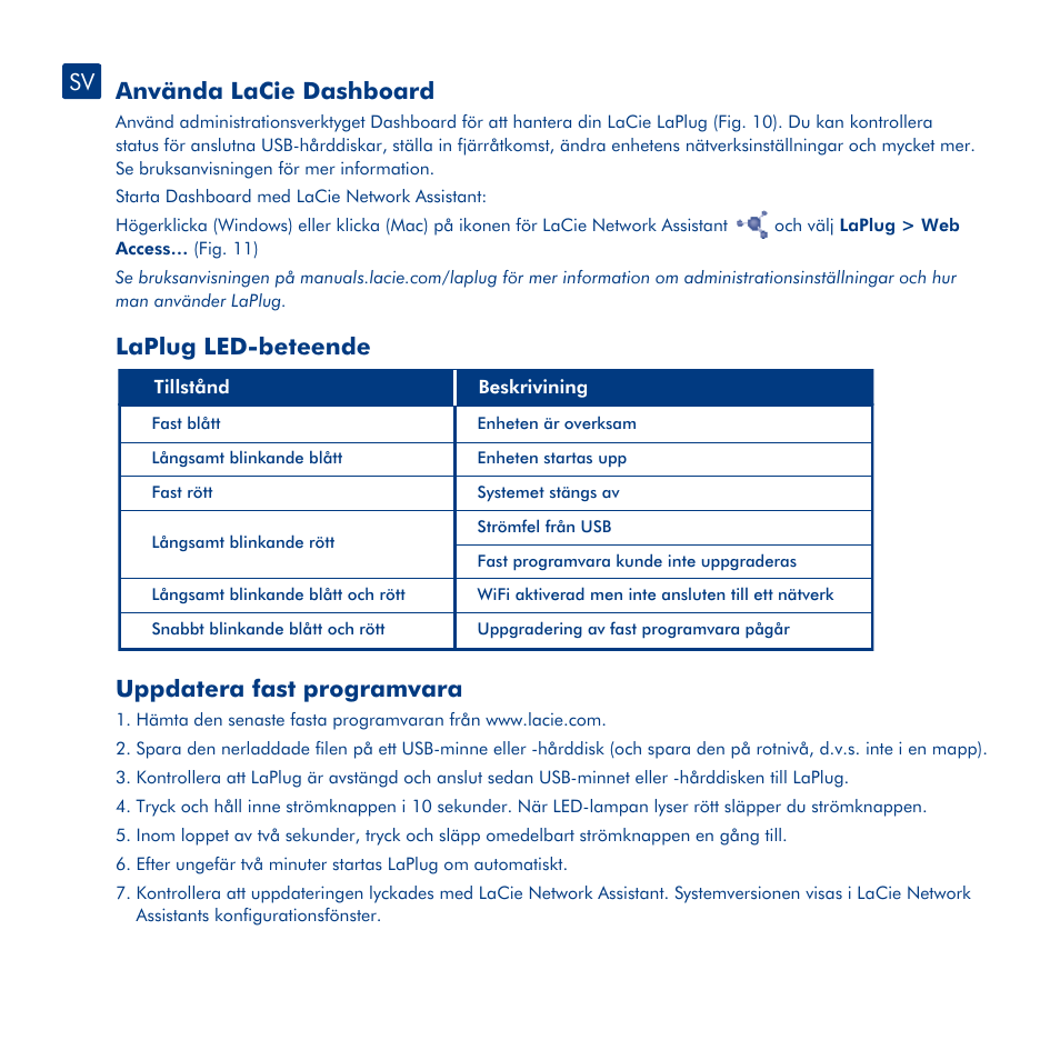 Installation, Använda usb-enheter, Använda lacie dashboard | Laplug led-beteende, Uppdatera fast programvara | LaCie LaPlug User Manual | Page 25 / 43