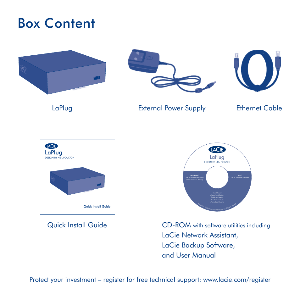 Box content, Laplug external power supply ethernet cable, Quick install guide | Cd-rom, Laplug, With software utilities including | LaCie LaPlug User Manual | Page 3 / 43
