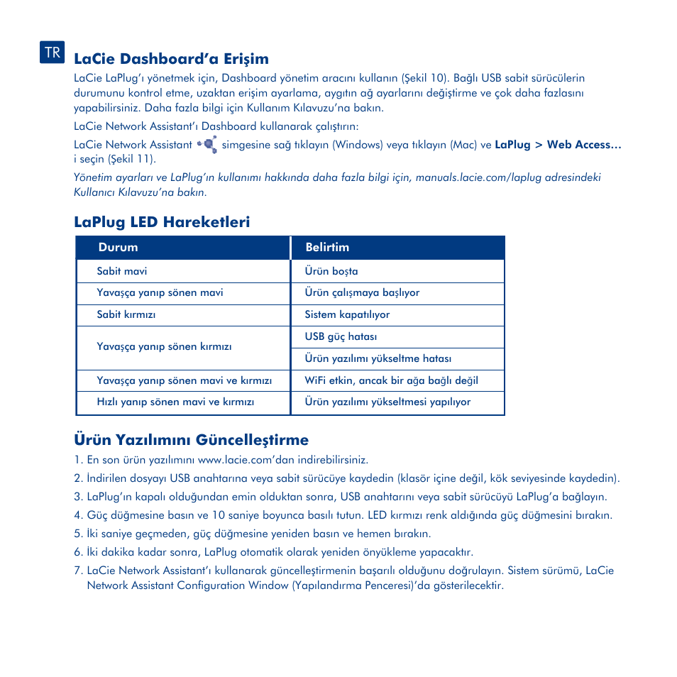 Kurulum, Usb aygıtlara eri şim, Lacie dashboard’a eri şim | Laplug led hareketleri, Ürün yazılımını güncelle ştirme | LaCie LaPlug User Manual | Page 39 / 43