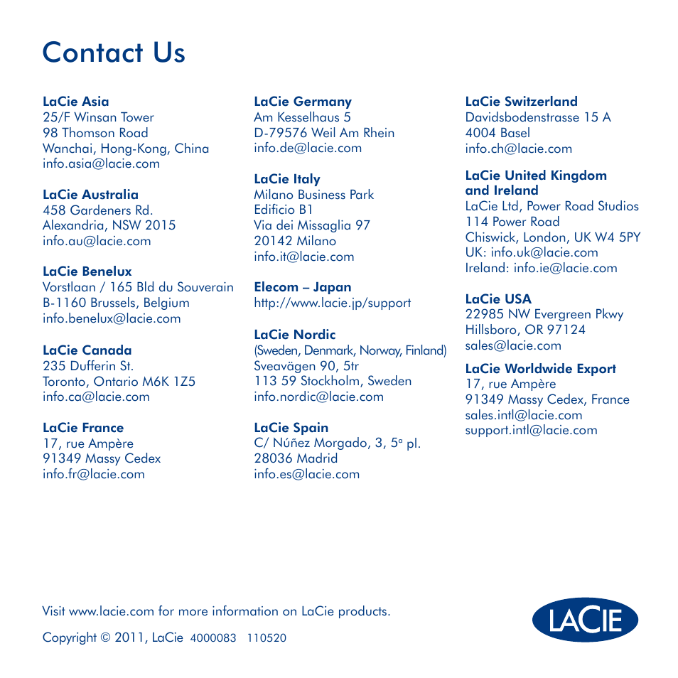 Contact us | LaCie LaPlug User Manual | Page 43 / 43
