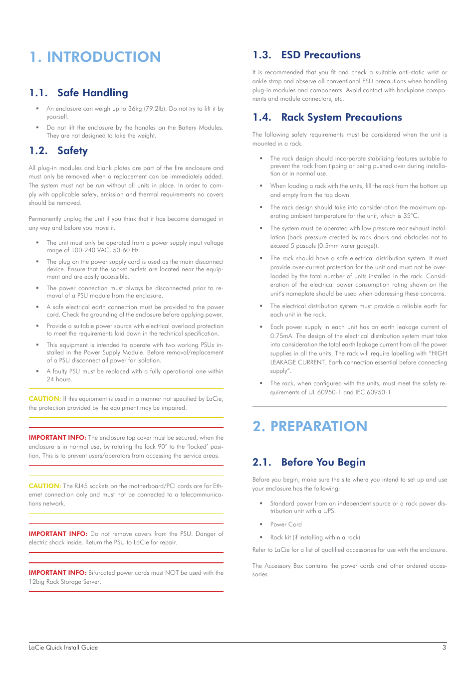 Introduction, Safe handling, Safety | Esd precautions, Rack system precautions, Preparation, Before you begin, Safety 1.3 | LaCie 12big Rack Storage Server User Manual | Page 3 / 11