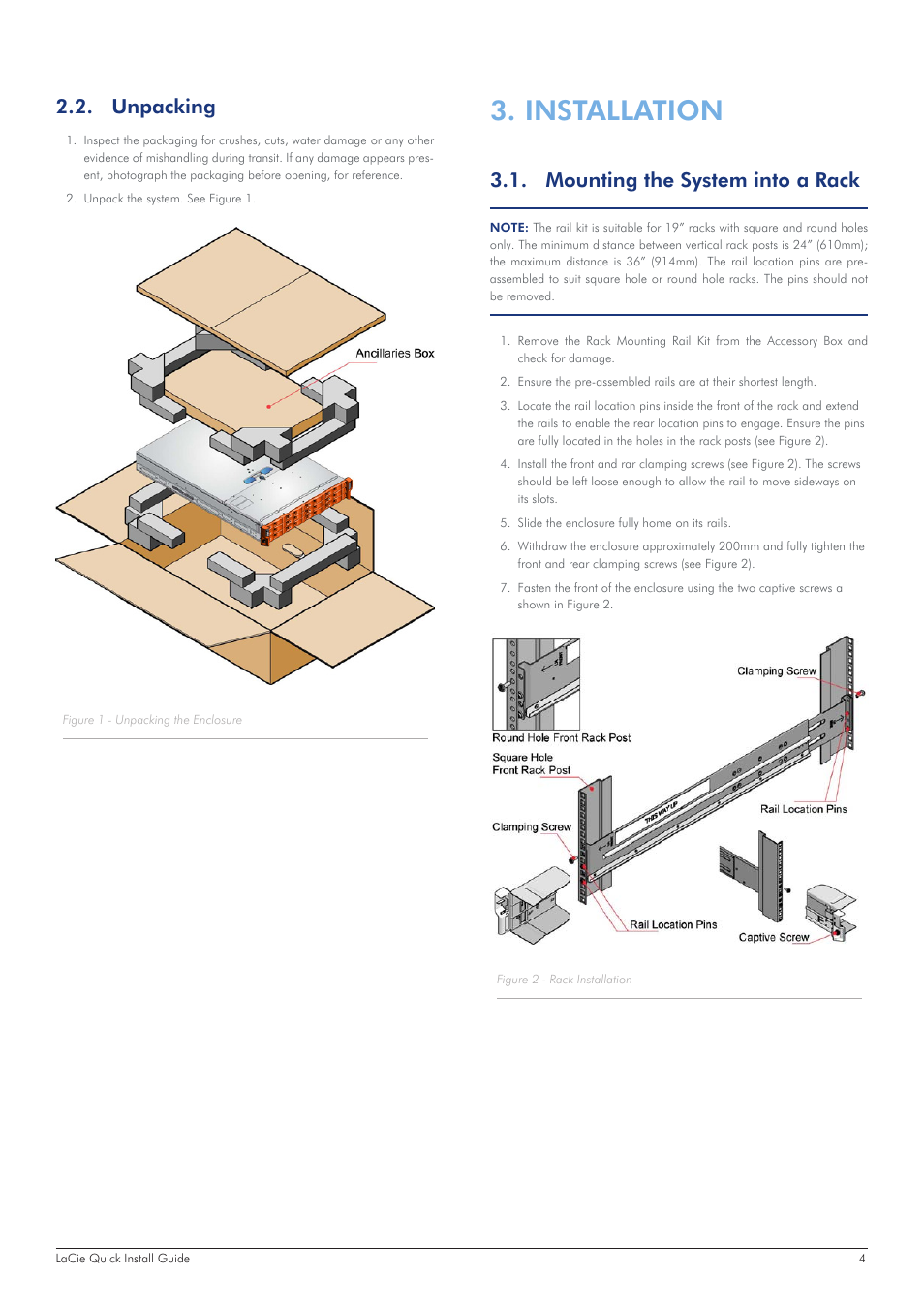 Unpacking, Installation, Mounting the system into a rack | LaCie 12big Rack Storage Server User Manual | Page 4 / 11