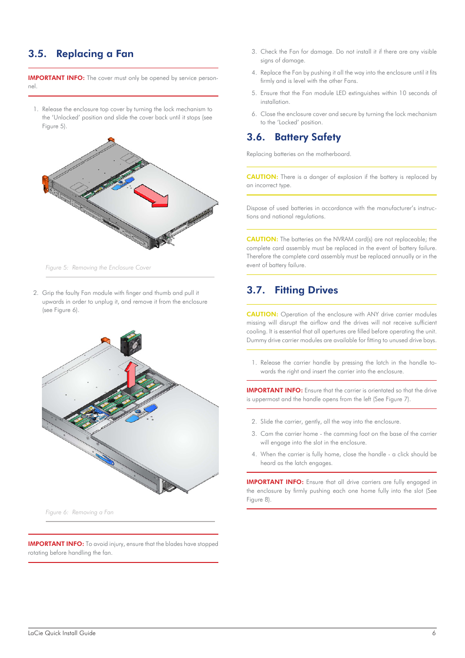 Replacing a fan, Battery safety, Fitting drives | LaCie 12big Rack Storage Server User Manual | Page 6 / 11